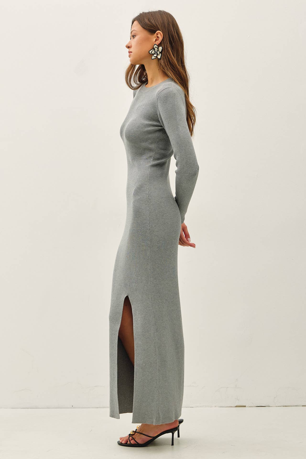 gray long sleeve sweater maxi dress with slit