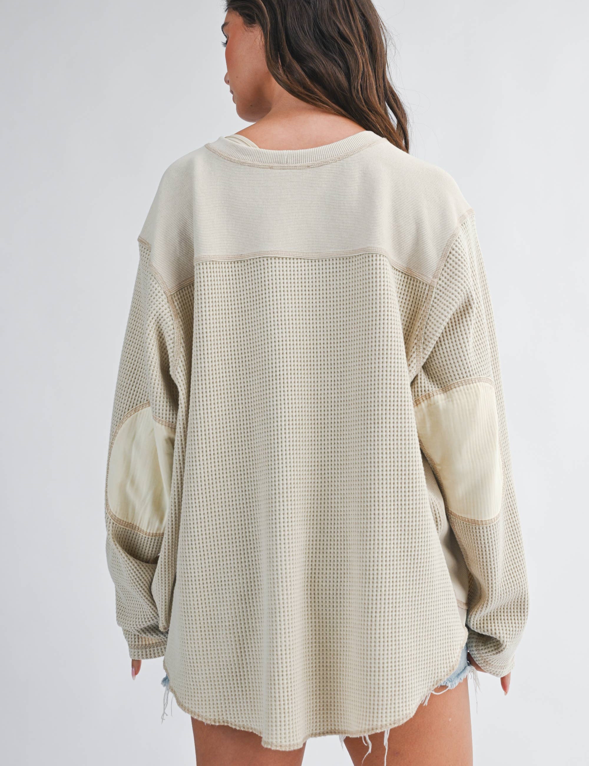 cream waffle knit top, women's thermal top, oversized waffle knit top, cotton blend thermal, neutral fall top, long sleeve waffle shirt, relaxed fit thermal top, women's fall layering top, cream oversized top
