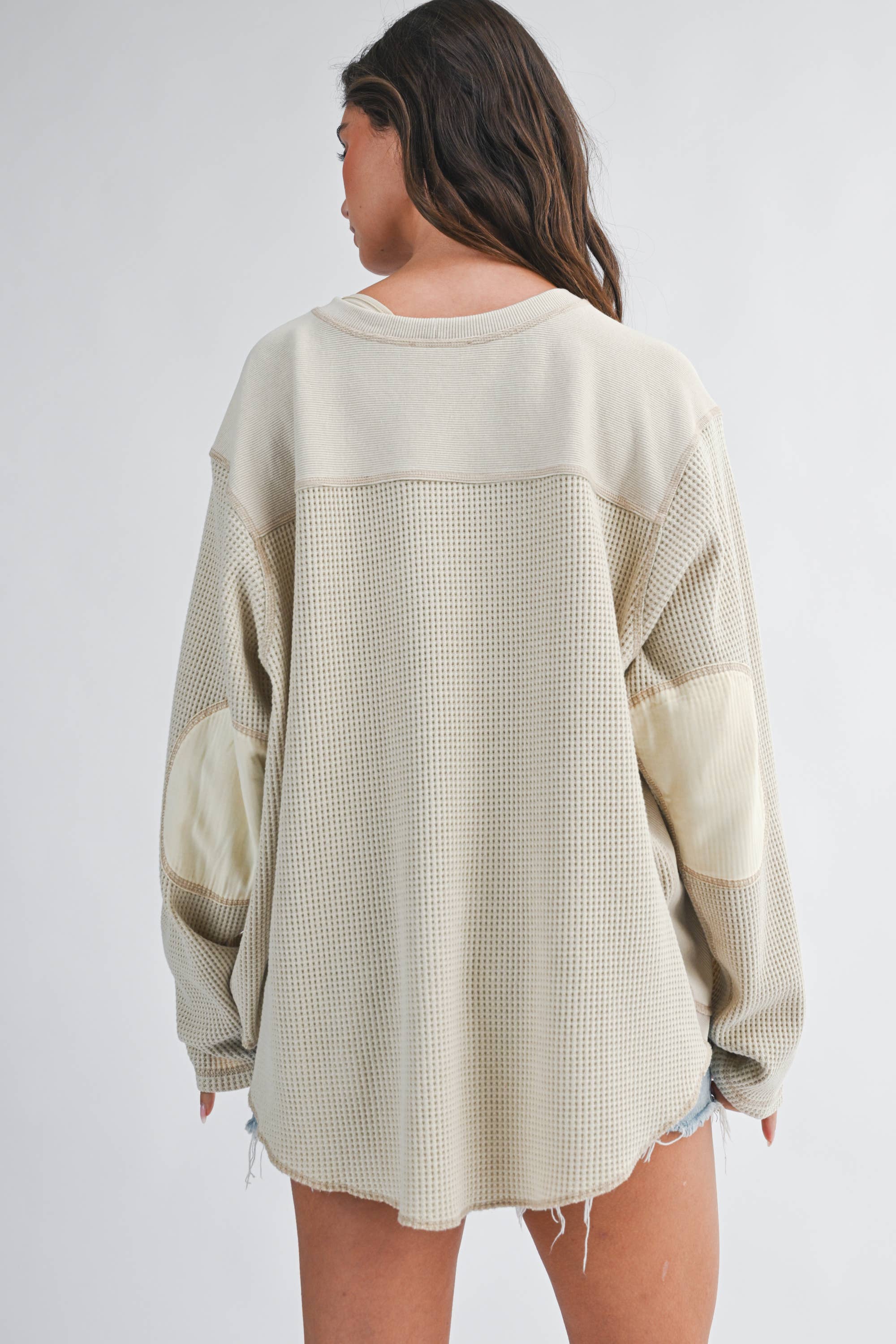 cream waffle knit top, women's thermal top, oversized waffle knit top, cotton blend thermal, neutral fall top, long sleeve waffle shirt, relaxed fit thermal top, women's fall layering top, cream oversized top