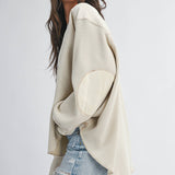 women's cream waffle knit thermal top with mixed fabric panels, long sleeves, drop shoulders, and oversized relaxed fit