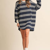 striped sweatshirt dress, oversized sweatshirt dress, navy striped dress, varsity inspired dress, casual fall dress, cotton sweatshirt dress, long sleeve sweatshirt dress, football game outfit, comfortable fall dress, women's boutique dress, west of may boutique