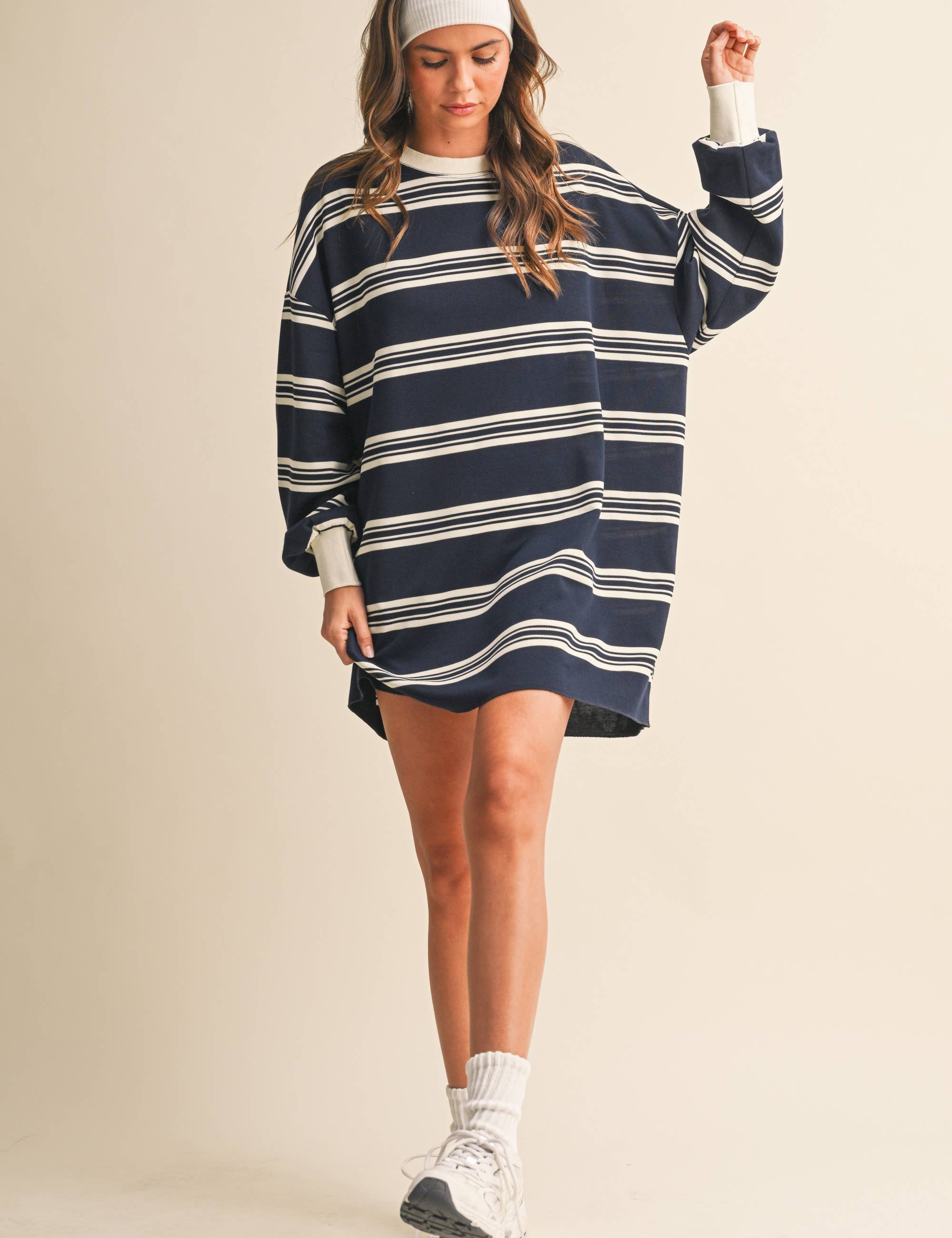 striped sweatshirt dress, oversized sweatshirt dress, navy striped dress, varsity inspired dress, casual fall dress, cotton sweatshirt dress, long sleeve sweatshirt dress, football game outfit, comfortable fall dress, women's boutique dress, west of may boutique