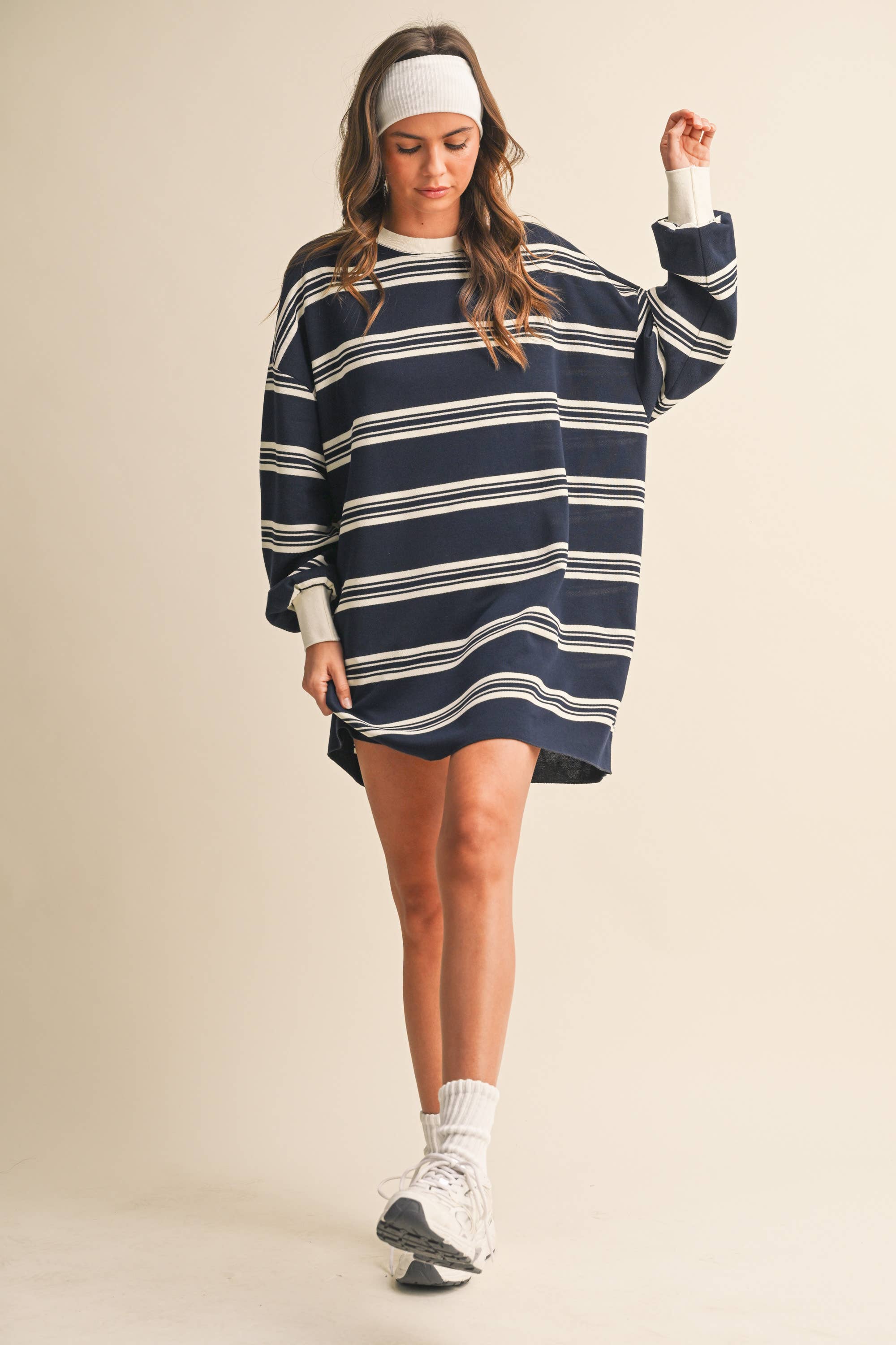 striped sweatshirt dress, oversized sweatshirt dress, navy striped dress, varsity inspired dress, casual fall dress, cotton sweatshirt dress, long sleeve sweatshirt dress, football game outfit, comfortable fall dress, women's boutique dress, west of may boutique