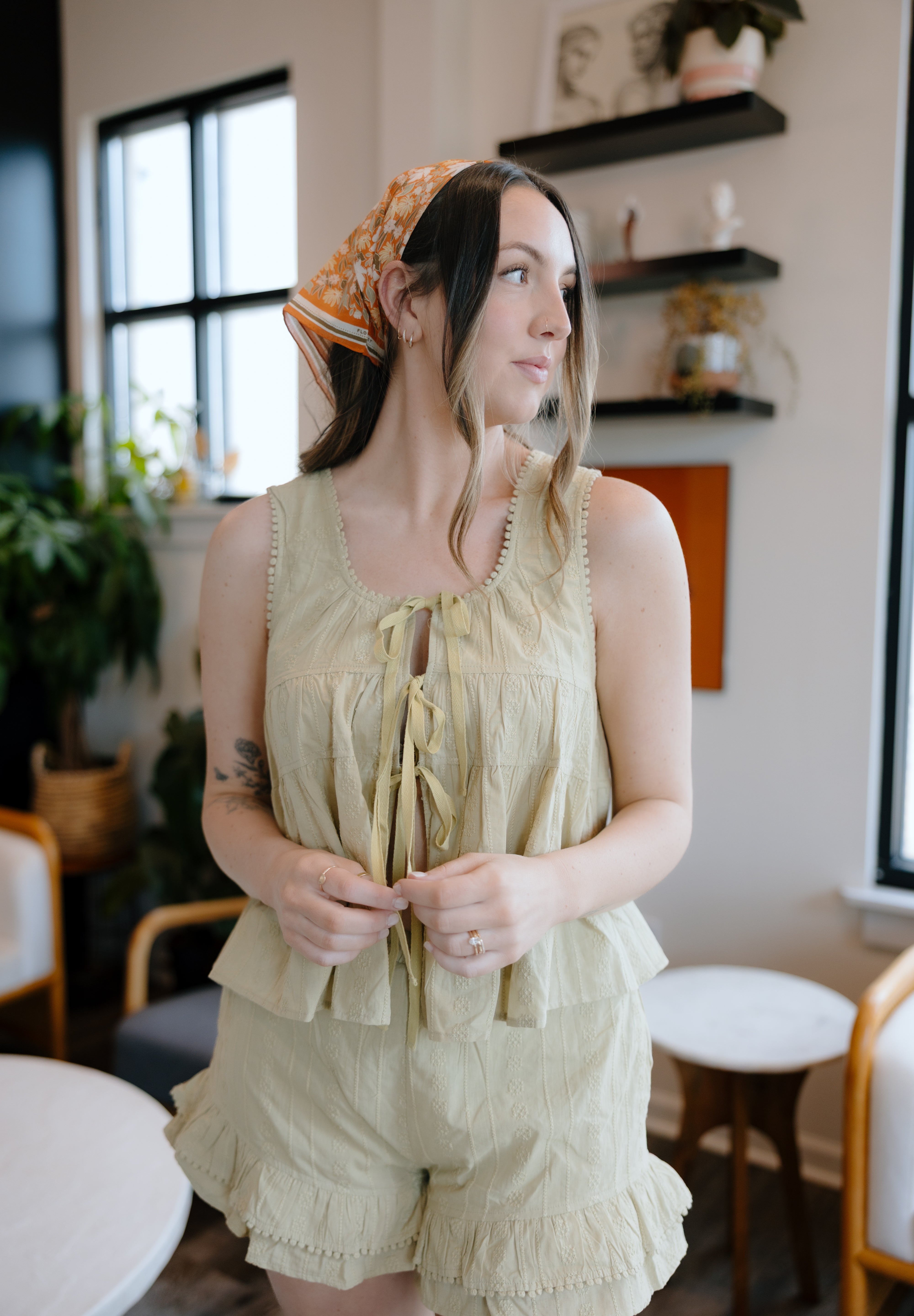 pale green matching set, green matching set, free people dupe, summer matching set, tank top and shorts, light olive green matching set, johnson city boutique, west of may boutique, women's clothing johnson city