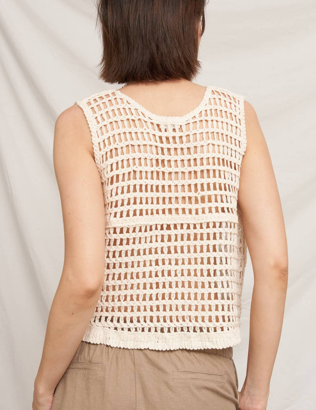 crochet butterfly top, embroidered crochet tank, sleeveless crochet blouse, cream crochet top, boho crochet tank, textured summer top, butterfly embroidered top, open knit sleeveless top, neutral boho blouse, women's crochet sweater tank