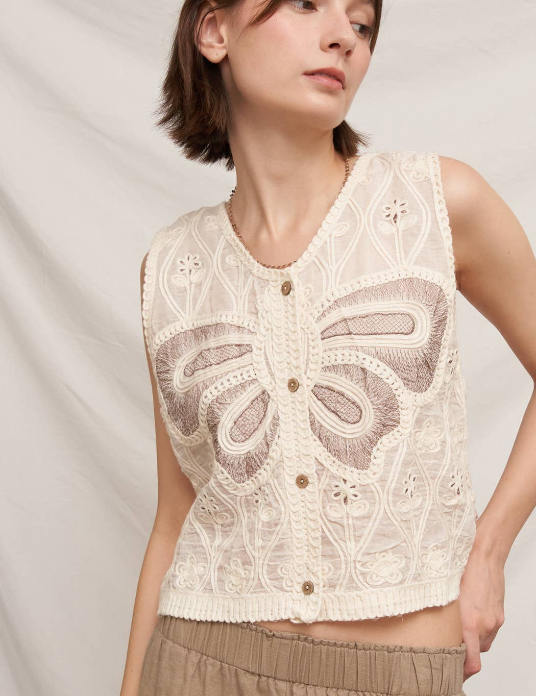 crochet butterfly top, embroidered crochet tank, sleeveless crochet blouse, cream crochet top, boho crochet tank, textured summer top, butterfly embroidered top, open knit sleeveless top, neutral boho blouse, women's crochet sweater tank