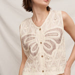 crochet butterfly top, embroidered crochet tank, sleeveless crochet blouse, cream crochet top, boho crochet tank, textured summer top, butterfly embroidered top, open knit sleeveless top, neutral boho blouse, women's crochet sweater tank