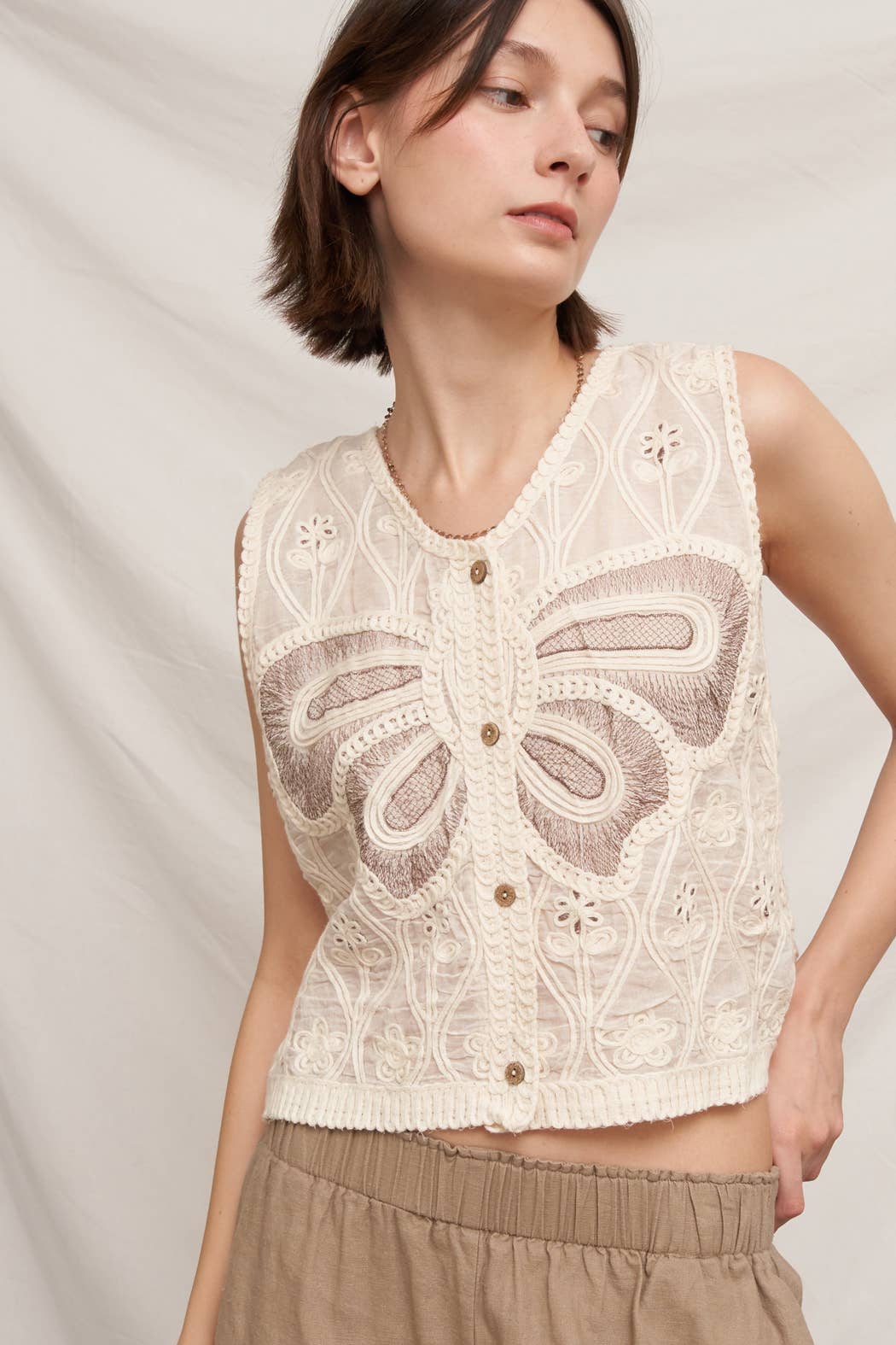 crochet butterfly top, embroidered crochet tank, sleeveless crochet blouse, cream crochet top, boho crochet tank, textured summer top, butterfly embroidered top, open knit sleeveless top, neutral boho blouse, women's crochet sweater tank