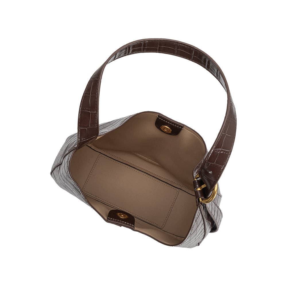 a chocolate brown croc-embossed shoulder bag with an adjustable strap, gold-tone hardware and removable organizer pouch.