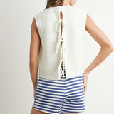 basic sleeveless sweater, white sleeveless sweater, white tie-back sweater, sweater vest, white sweater vest, simple top, basic top