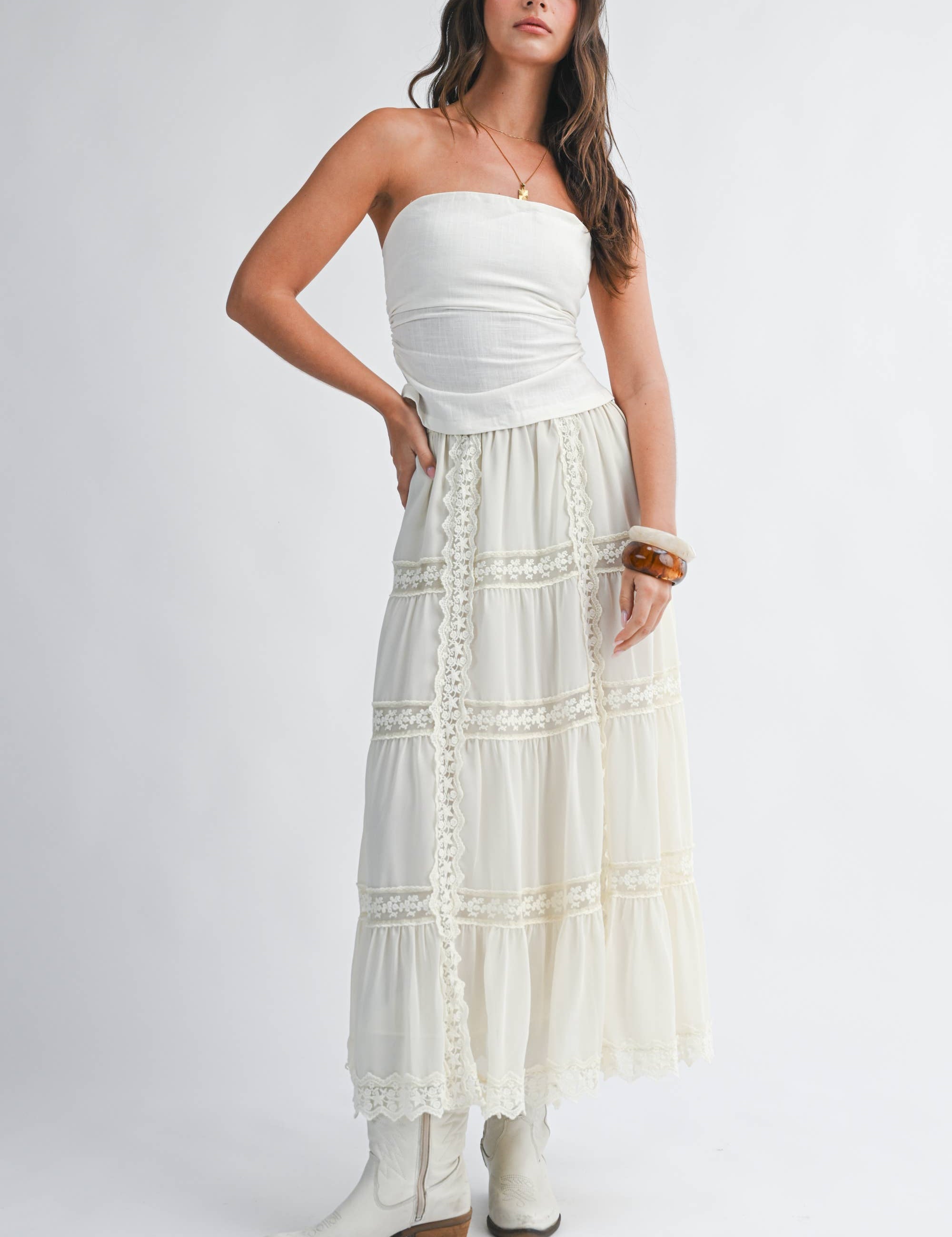 lace maxi skirt, white boho skirt, tiered lace skirt, flowy spring maxi skirt