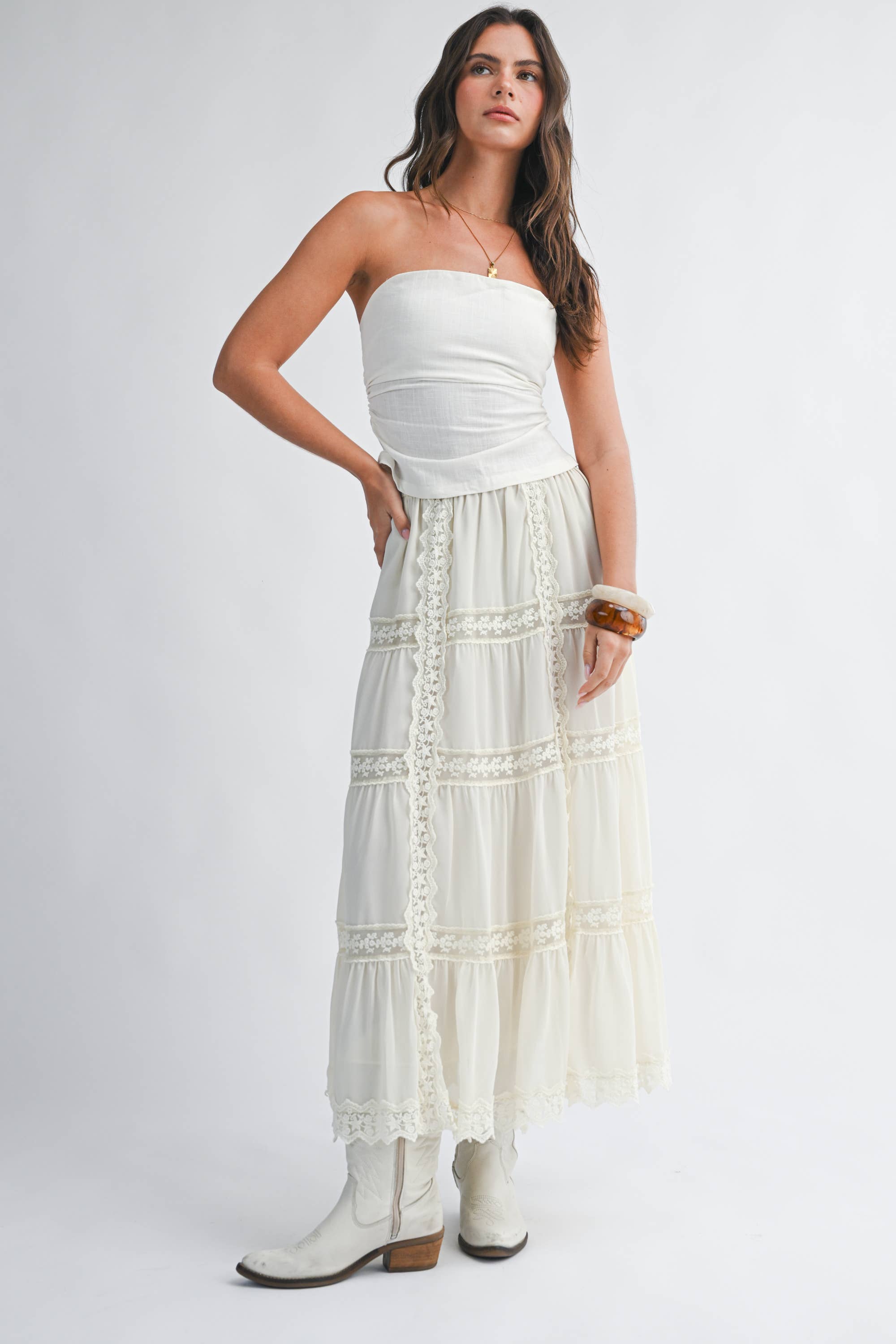 lace maxi skirt, white boho skirt, tiered lace skirt, flowy spring maxi skirt