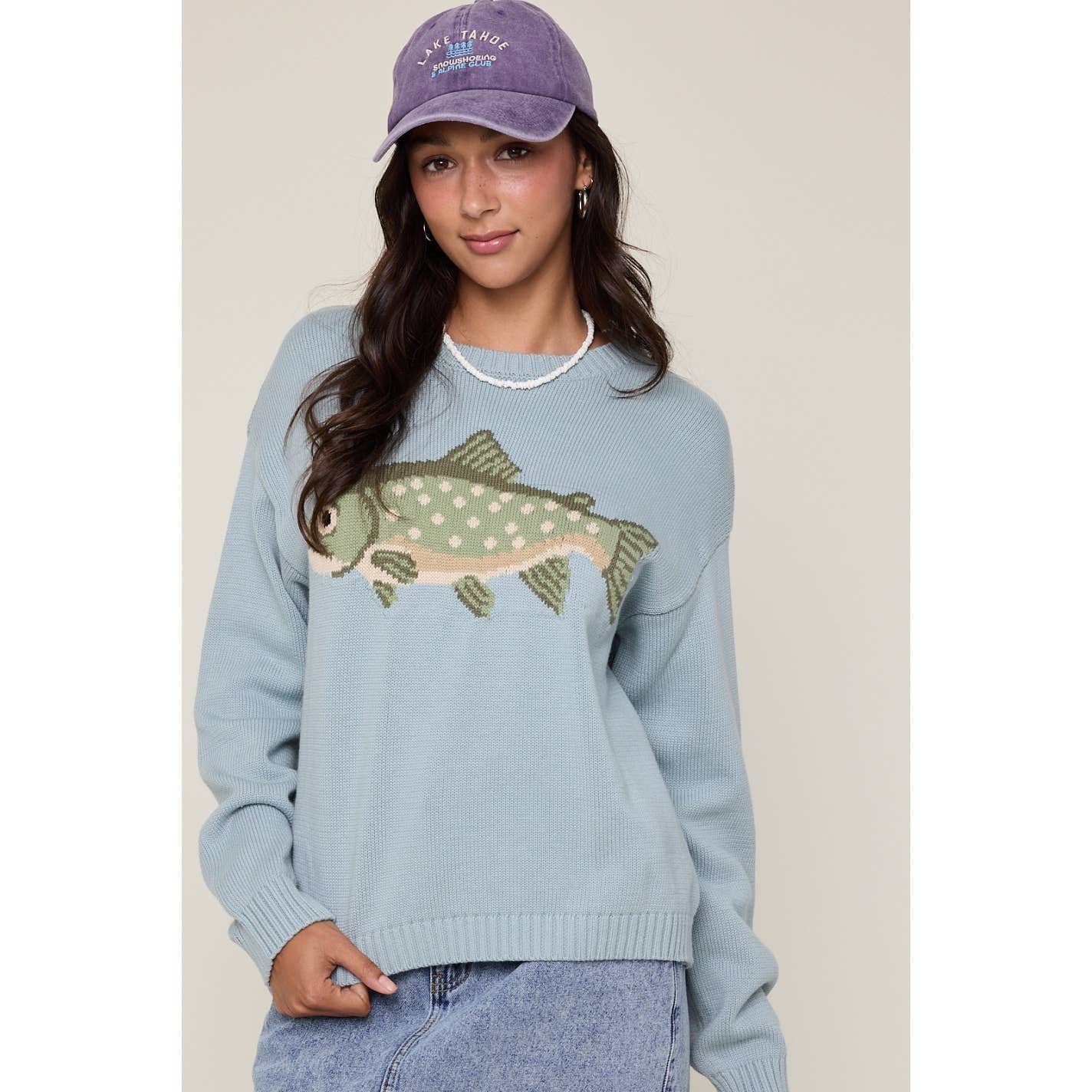 fish graphic cotton sweater, blue fish knit sweater, relaxed fit cotton pullover, lake life graphic sweater, cropped boxy knit sweater, cozy fishing sweater women, blue crew neck sweater, outdoor inspired knit top