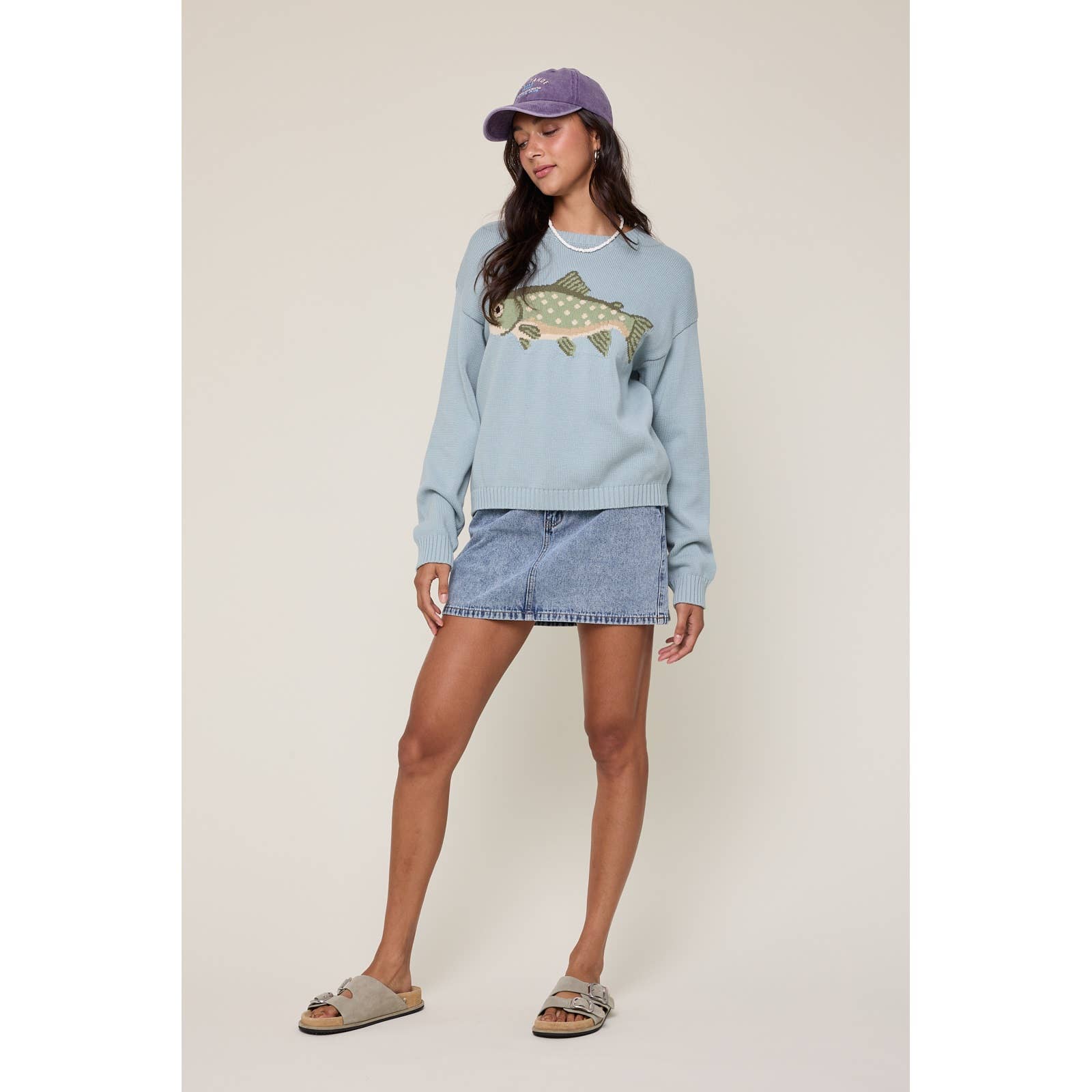 fish graphic cotton sweater, blue fish knit sweater, relaxed fit cotton pullover, lake life graphic sweater, cropped boxy knit sweater, cozy fishing sweater women, blue crew neck sweater, outdoor inspired knit top