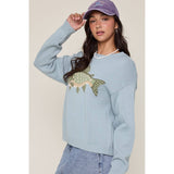 fish graphic cotton sweater, blue fish knit sweater, relaxed fit cotton pullover, lake life graphic sweater, cropped boxy knit sweater, cozy fishing sweater women, blue crew neck sweater, outdoor inspired knit top