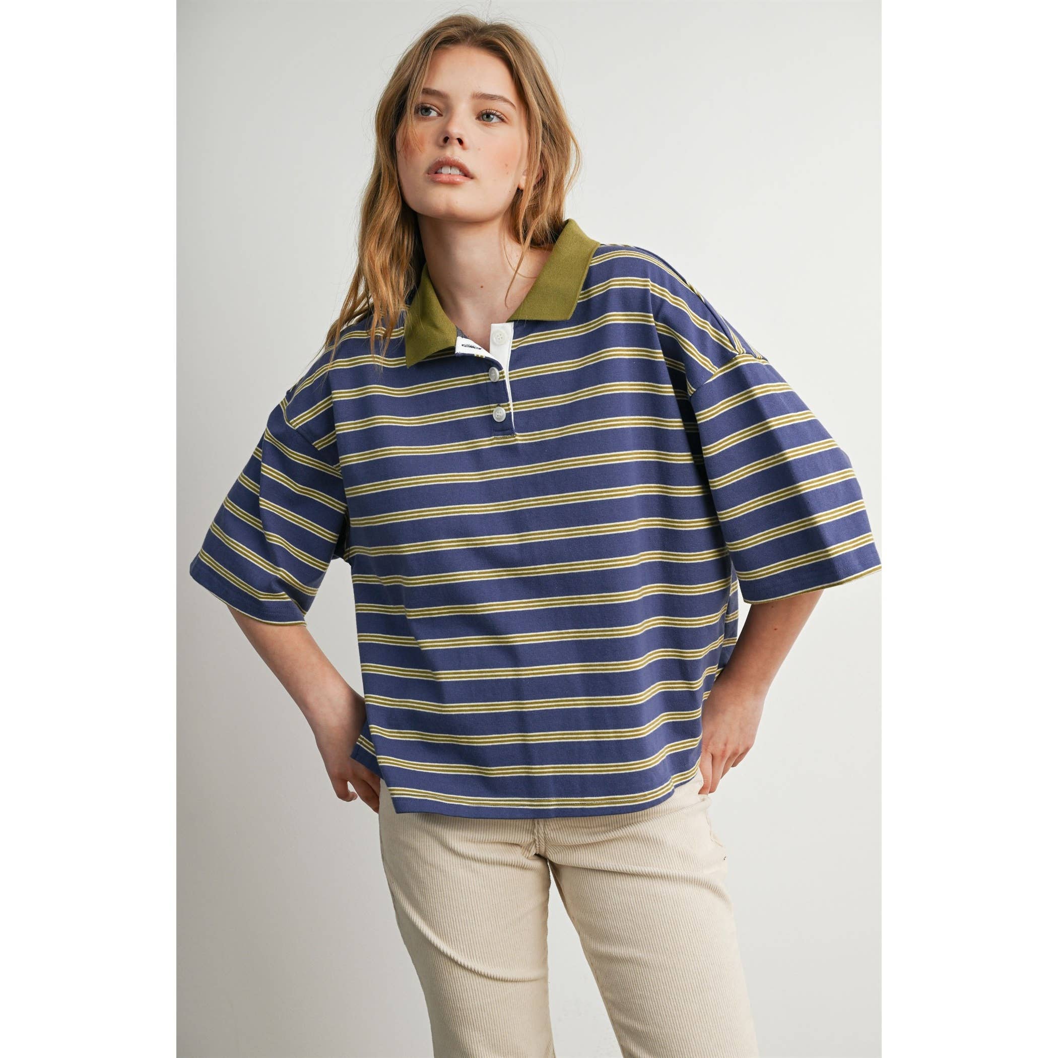striped rugby polo, women's rugby shirt, striped polo shirt, oversized polo shirt, blue striped polo, vintage rugby top, collegiate style polo, casual cotton polo, women's boutique top, west of may boutique