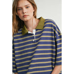 striped rugby polo, women's rugby shirt, striped polo shirt, oversized polo shirt, blue striped polo, vintage rugby top, collegiate style polo, casual cotton polo, women's boutique top, west of may boutique