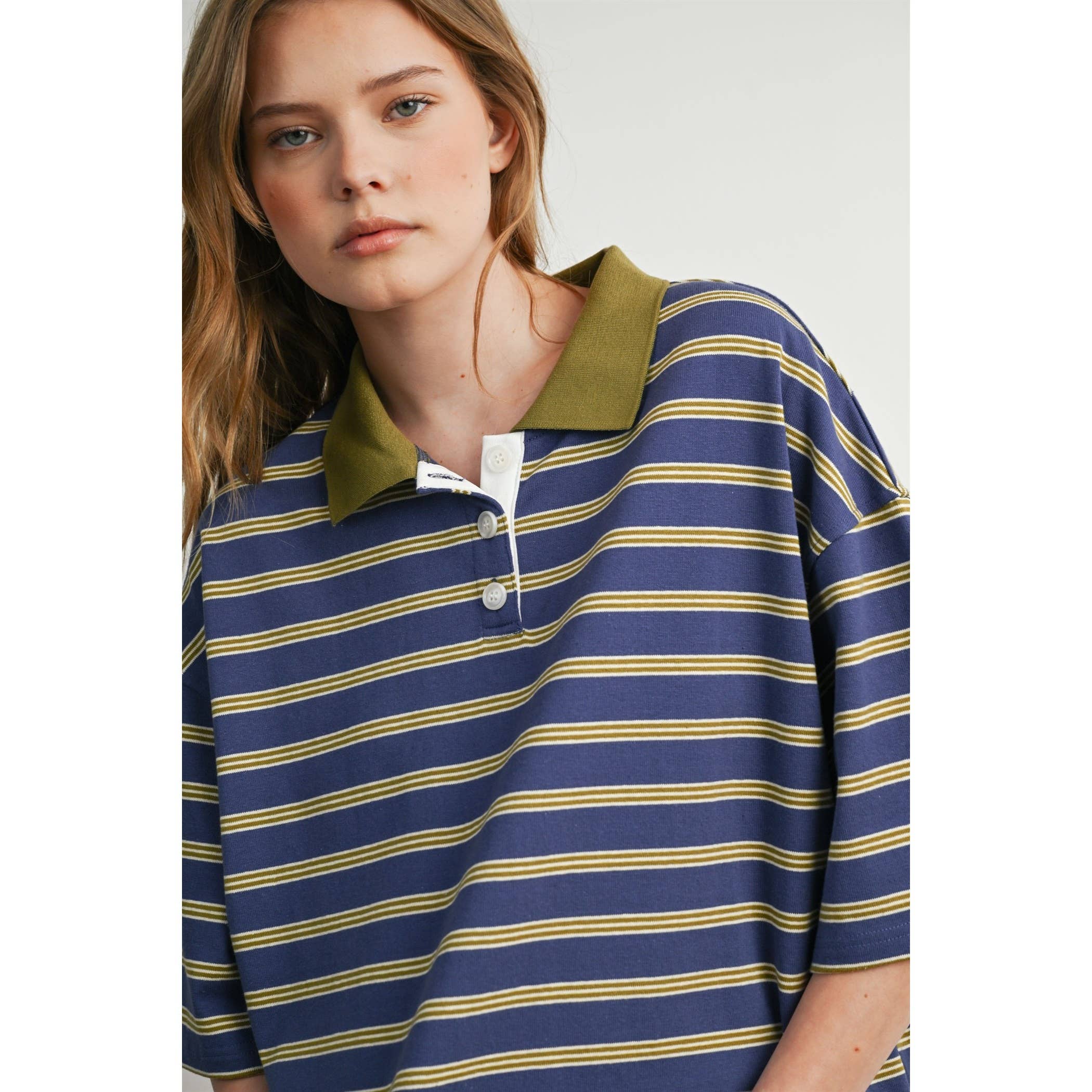 striped rugby polo, women's rugby shirt, striped polo shirt, oversized polo shirt, blue striped polo, vintage rugby top, collegiate style polo, casual cotton polo, women's boutique top, west of may boutique