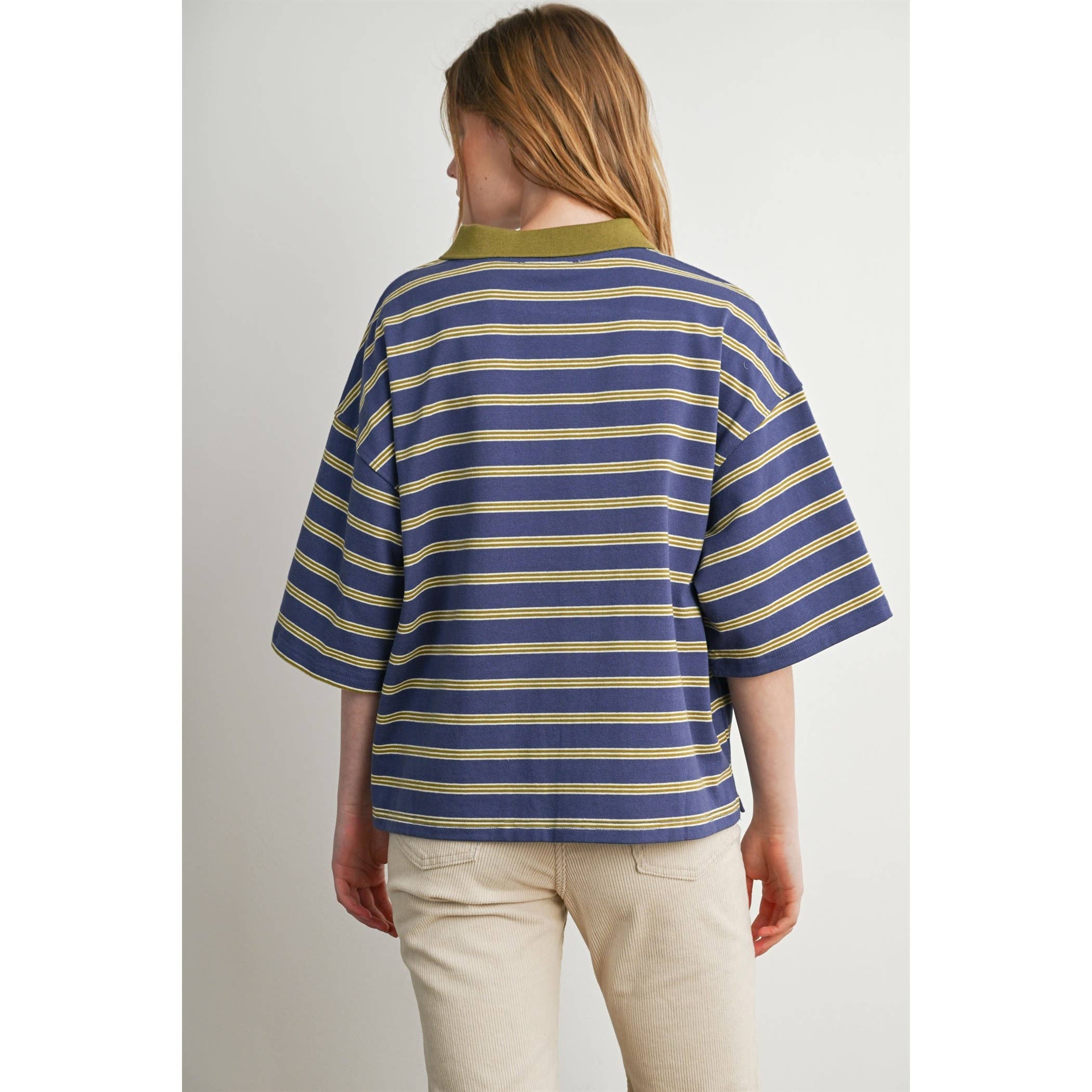 striped rugby polo, women's rugby shirt, striped polo shirt, oversized polo shirt, blue striped polo, vintage rugby top, collegiate style polo, casual cotton polo, women's boutique top, west of may boutique