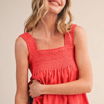 red smocked top
cotton linen tank top
square neck summer top
sleeveless swing top
watermelon red blouse
smocked bodice top
cotton linen summer blouse
casual summer outfit
red sleeveless top women
lightweight summer top
county fair outfit
vacation outfit women
relaxed fit summer blouse
boutique summer clothing
square neckline tank
summer picnic outfit
breathable cotton linen top
feminine summer blouse
bright red summer top
americana summer style