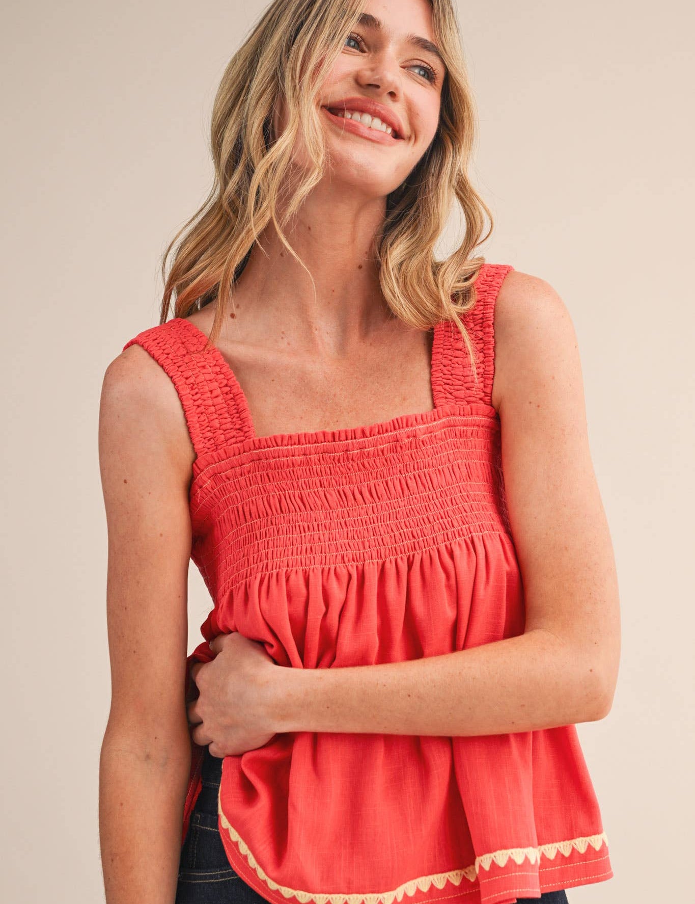 red smocked top
cotton linen tank top
square neck summer top
sleeveless swing top
watermelon red blouse
smocked bodice top
cotton linen summer blouse
casual summer outfit
red sleeveless top women
lightweight summer top
county fair outfit
vacation outfit women
relaxed fit summer blouse
boutique summer clothing
square neckline tank
summer picnic outfit
breathable cotton linen top
feminine summer blouse
bright red summer top
americana summer style