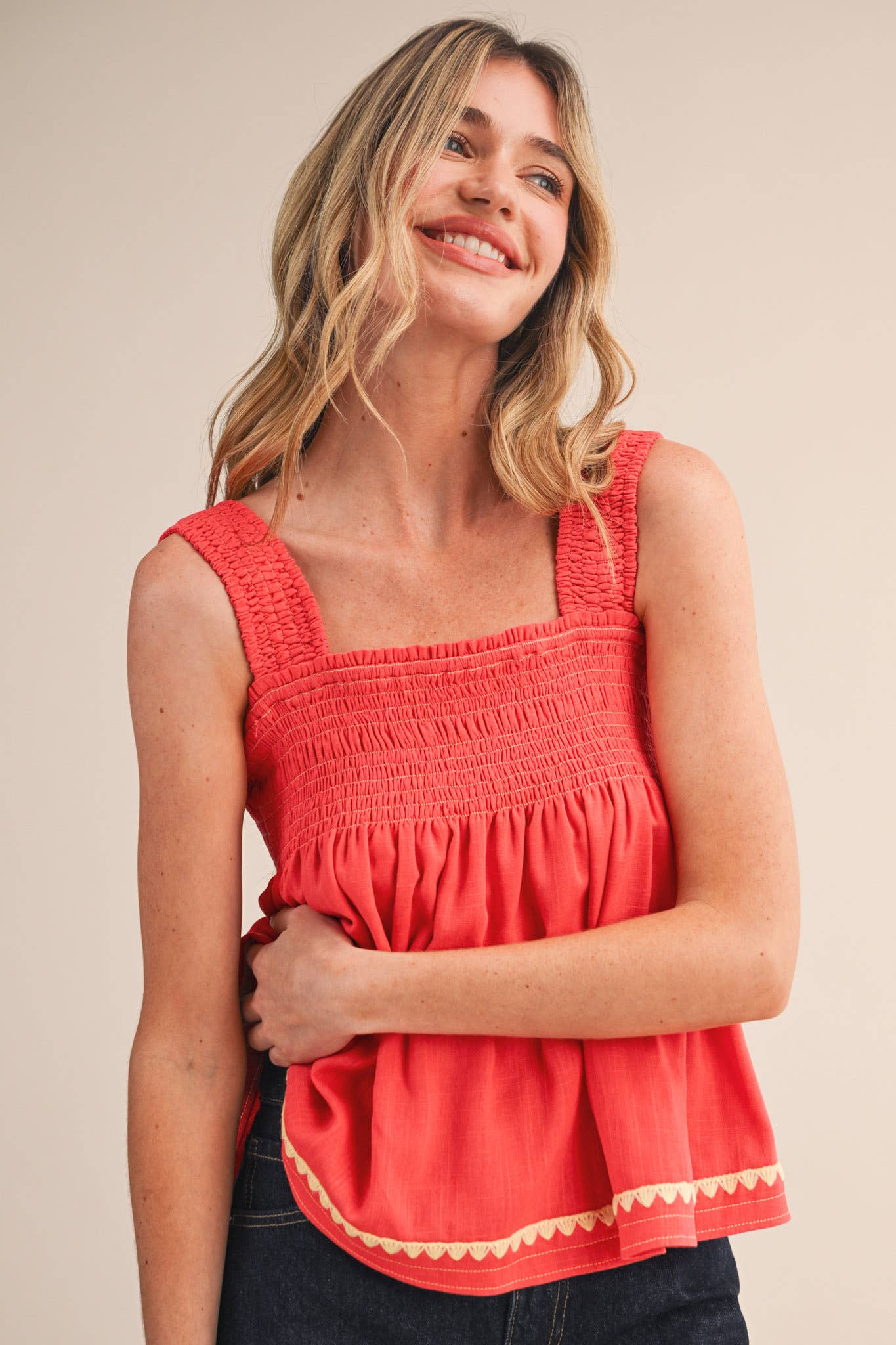 red smocked top
cotton linen tank top
square neck summer top
sleeveless swing top
watermelon red blouse
smocked bodice top
cotton linen summer blouse
casual summer outfit
red sleeveless top women
lightweight summer top
county fair outfit
vacation outfit women
relaxed fit summer blouse
boutique summer clothing
square neckline tank
summer picnic outfit
breathable cotton linen top
feminine summer blouse
bright red summer top
americana summer style