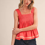 red smocked top
cotton linen tank top
square neck summer top
sleeveless swing top
watermelon red blouse
smocked bodice top
cotton linen summer blouse
casual summer outfit
red sleeveless top women
lightweight summer top
county fair outfit
vacation outfit women
relaxed fit summer blouse
boutique summer clothing
square neckline tank
summer picnic outfit
breathable cotton linen top
feminine summer blouse
bright red summer top
americana summer style