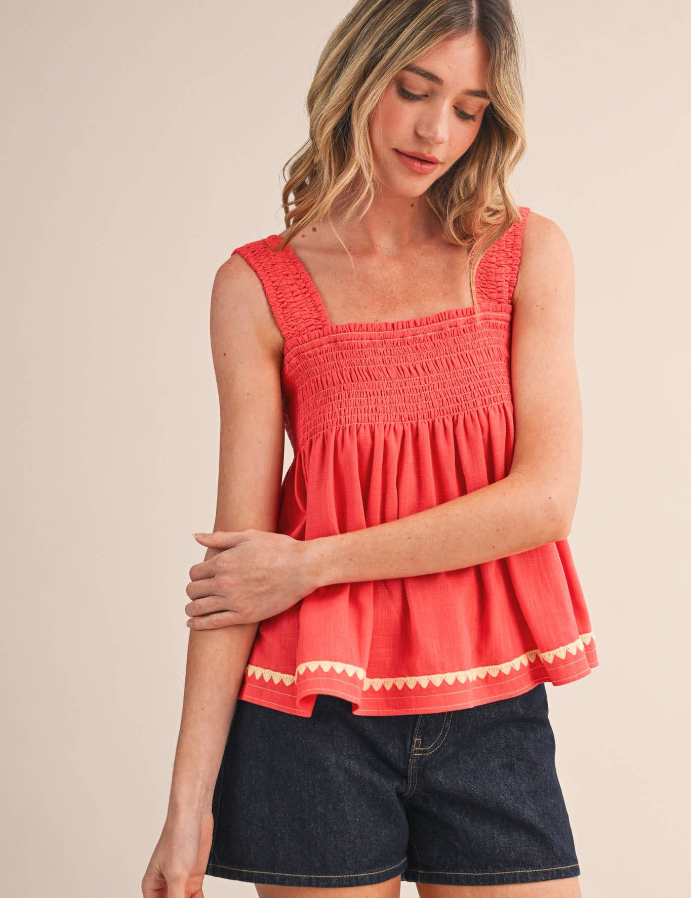red smocked top
cotton linen tank top
square neck summer top
sleeveless swing top
watermelon red blouse
smocked bodice top
cotton linen summer blouse
casual summer outfit
red sleeveless top women
lightweight summer top
county fair outfit
vacation outfit women
relaxed fit summer blouse
boutique summer clothing
square neckline tank
summer picnic outfit
breathable cotton linen top
feminine summer blouse
bright red summer top
americana summer style