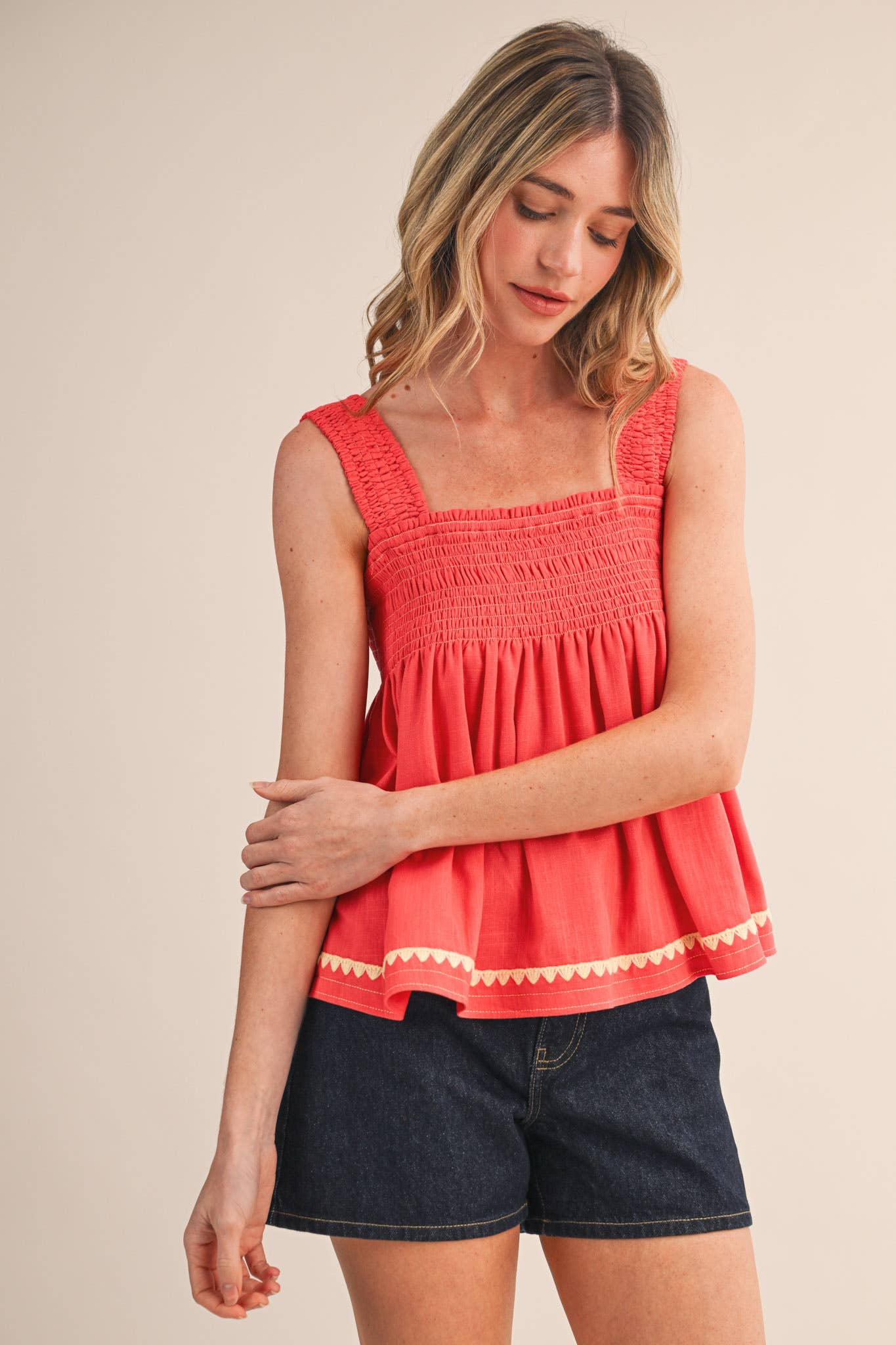 red smocked top
cotton linen tank top
square neck summer top
sleeveless swing top
watermelon red blouse
smocked bodice top
cotton linen summer blouse
casual summer outfit
red sleeveless top women
lightweight summer top
county fair outfit
vacation outfit women
relaxed fit summer blouse
boutique summer clothing
square neckline tank
summer picnic outfit
breathable cotton linen top
feminine summer blouse
bright red summer top
americana summer style