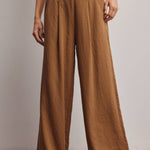 camel wide leg pants, pleated wide leg trousers, elastic back waist pants, lightweight woven pants, flowy work pants, women's tailored trousers, neutral fall pants, boutique women's bottoms, west of may boutique