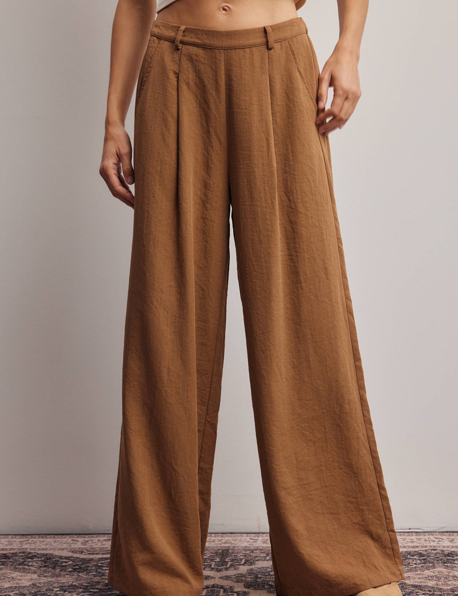 camel wide leg pants, pleated wide leg trousers, elastic back waist pants, lightweight woven pants, flowy work pants, women's tailored trousers, neutral fall pants, boutique women's bottoms, west of may boutique