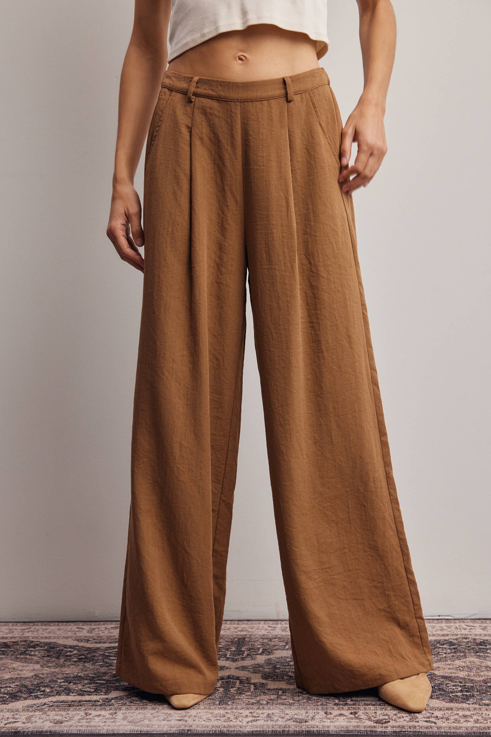 camel wide leg pants, pleated wide leg trousers, elastic back waist pants, lightweight woven pants, flowy work pants, women's tailored trousers, neutral fall pants, boutique women's bottoms, west of may boutique