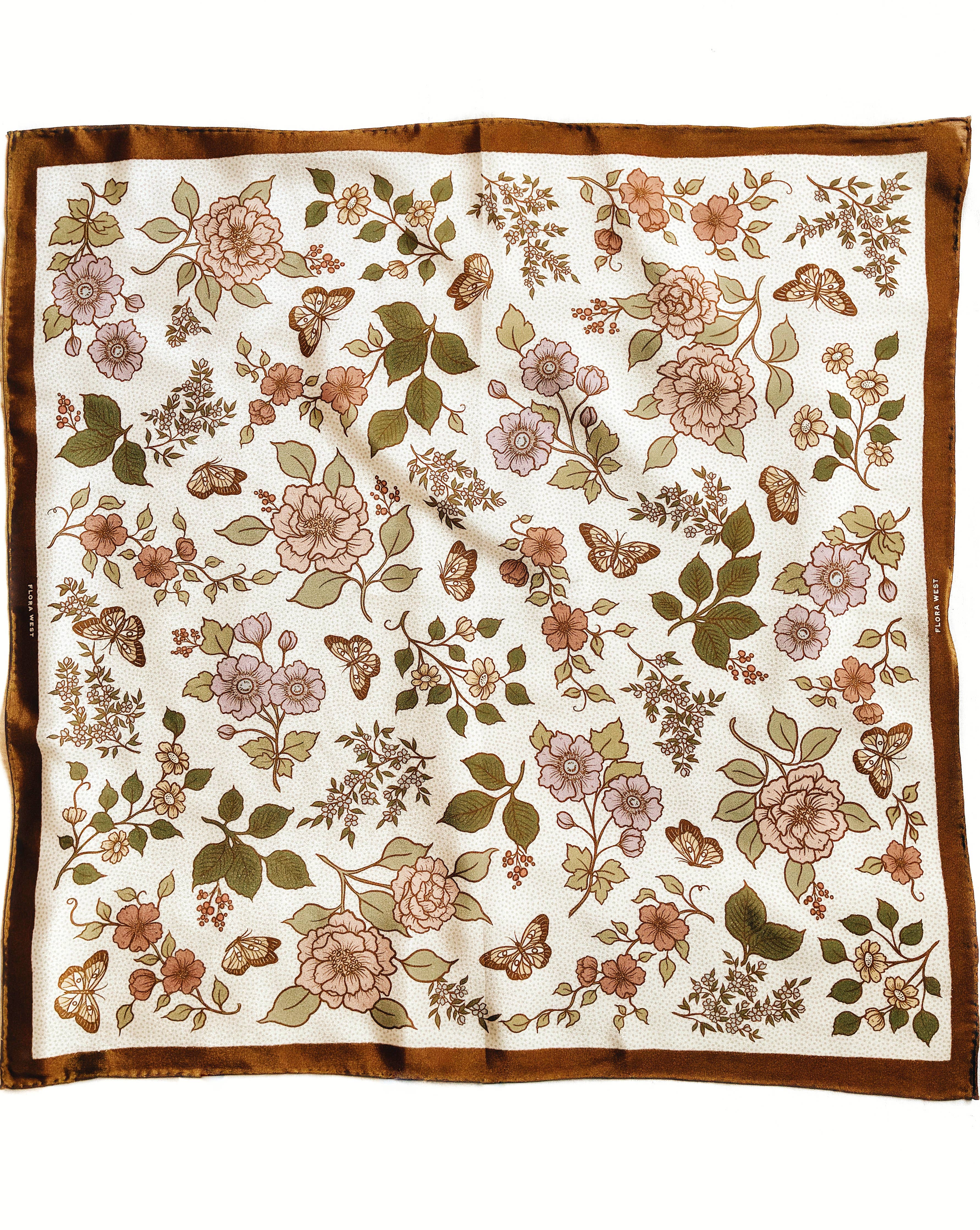 silk bandana, silk headscarf, silk scarf, silk hair scarf, hair scarf, western hair scarf, hair accessory, boho aesthetic, western aesthetic, outfit of the day, johnson city boutique, outfit idea, accessories, womens clothing, cool girl aesthetic, clean girl aesthetic, neutral floral bandana, floral silk bandana, blush pink, brown bandana