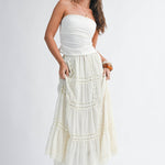 lace maxi skirt, white boho skirt, tiered lace skirt, flowy spring maxi skirt