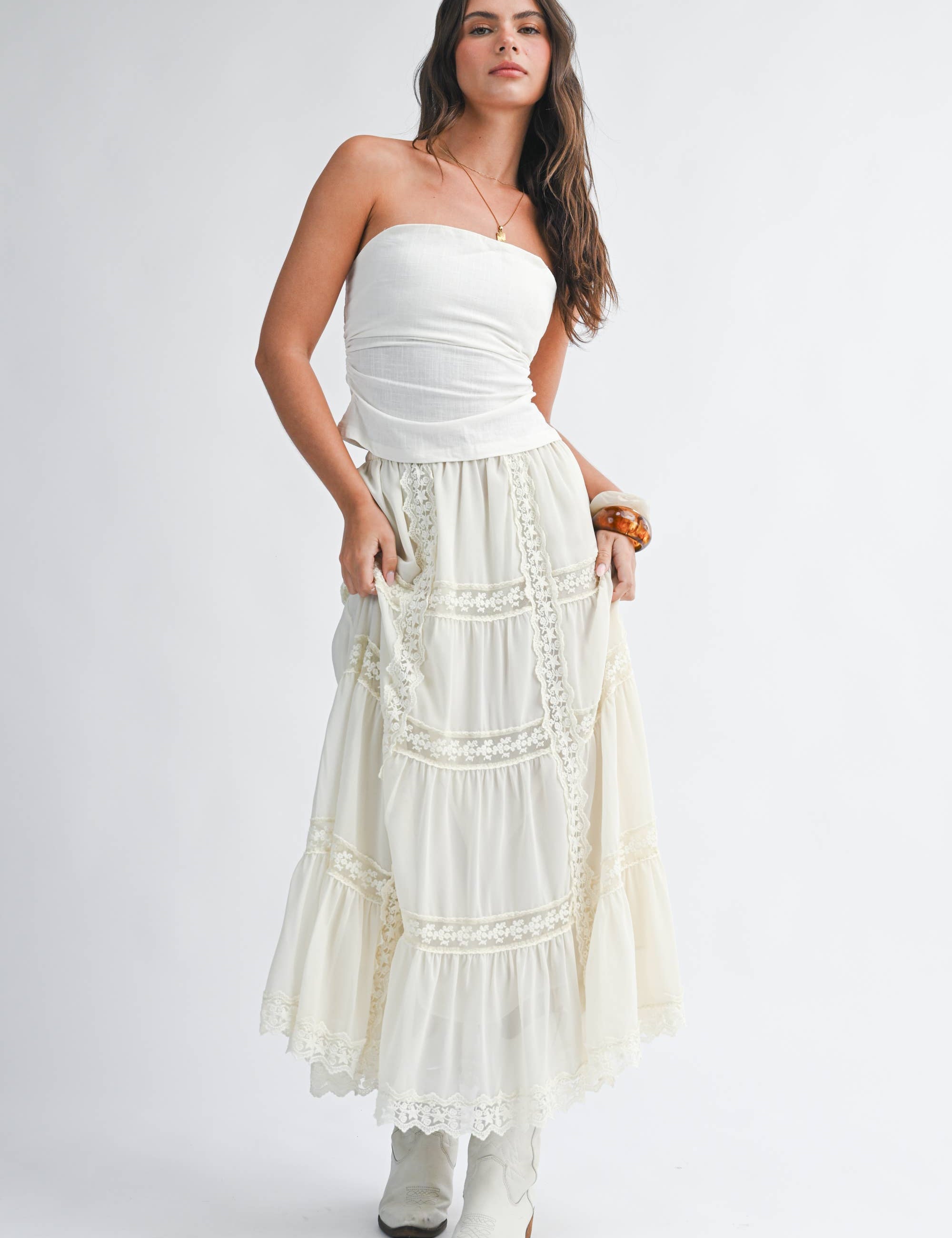 lace maxi skirt, white boho skirt, tiered lace skirt, flowy spring maxi skirt