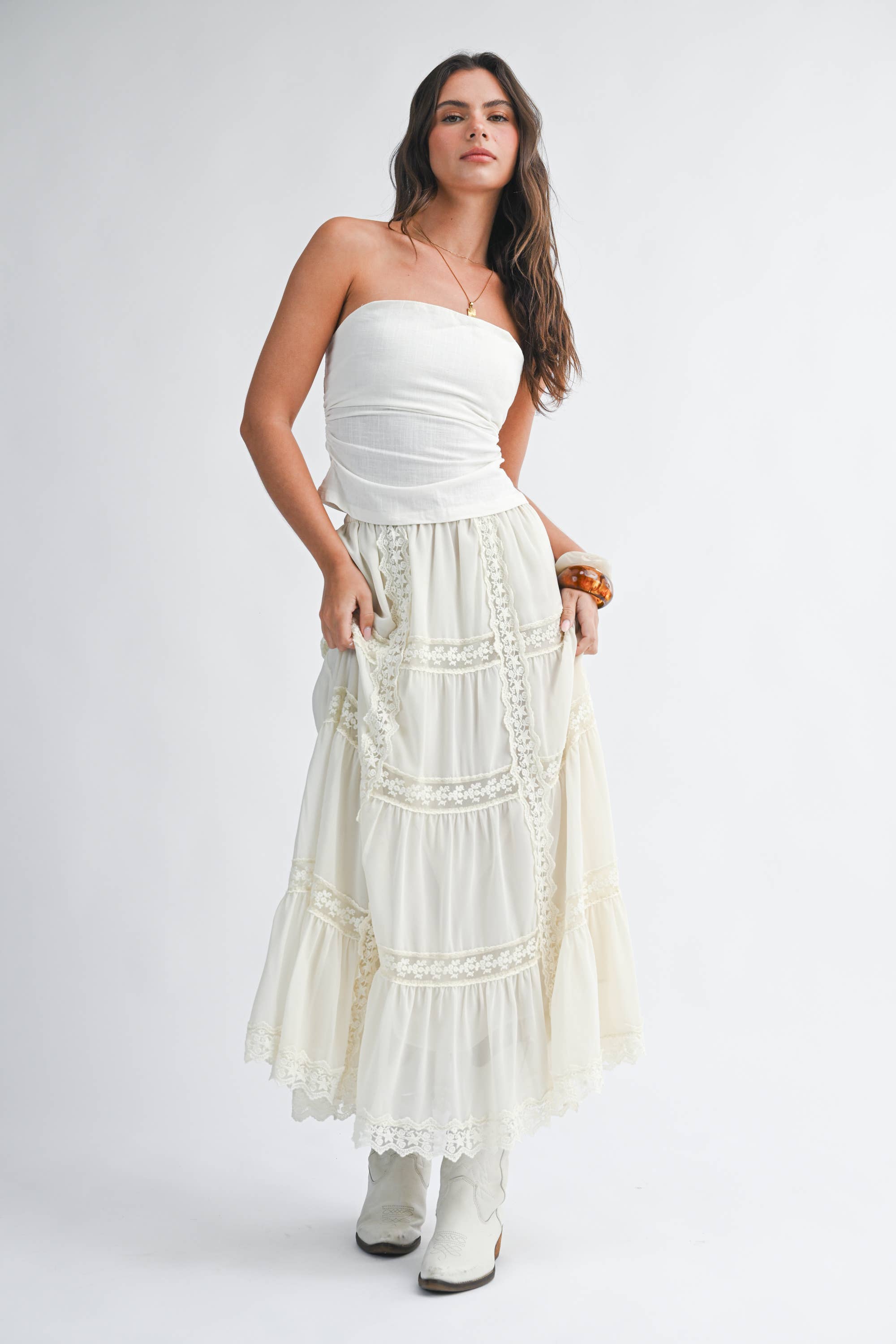 lace maxi skirt, white boho skirt, tiered lace skirt, flowy spring maxi skirt