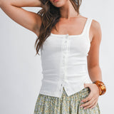 white ribbed tank top
button front tank top
feminine summer tank
white fitted knit tank
scalloped trim tank top
casual summer basics
americana summer style
cute white tank top women
ribbed sleeveless top
soft stretch knit tank
boutique summer basics
scoop neck tank top
everyday summer outfit
southern summer fashion
layering tank for summer
casual feminine clothing
classic white summer top
fitted ribbed tank women
easy summer styling piece
countryside summer aesthetic