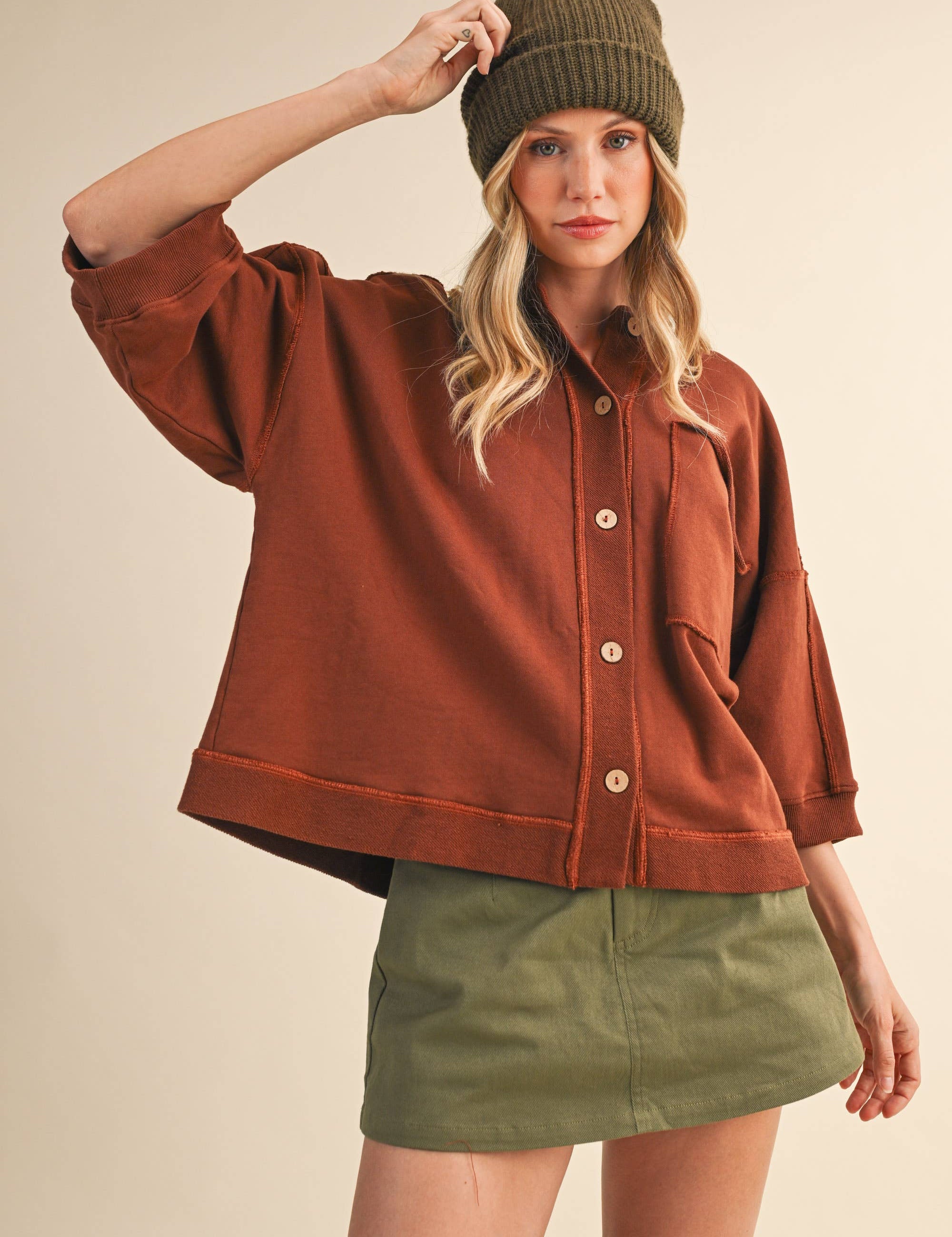 oversized button-up sweatshirt, cotton button-up sweatshirt, oversized cotton top, rust sweatshirt, exposed seam sweatshirt, relaxed fit sweatshirt, lightweight sweatshirt jacket, fall layering top, casual women's sweatshirt, boutique fall top, west of may boutique, free people dupe, boho style