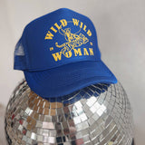 royal blue trucker hat, feminist trucker hat, girl power trucker hat, blue and gold trucker hat, cowgirl trucker hat