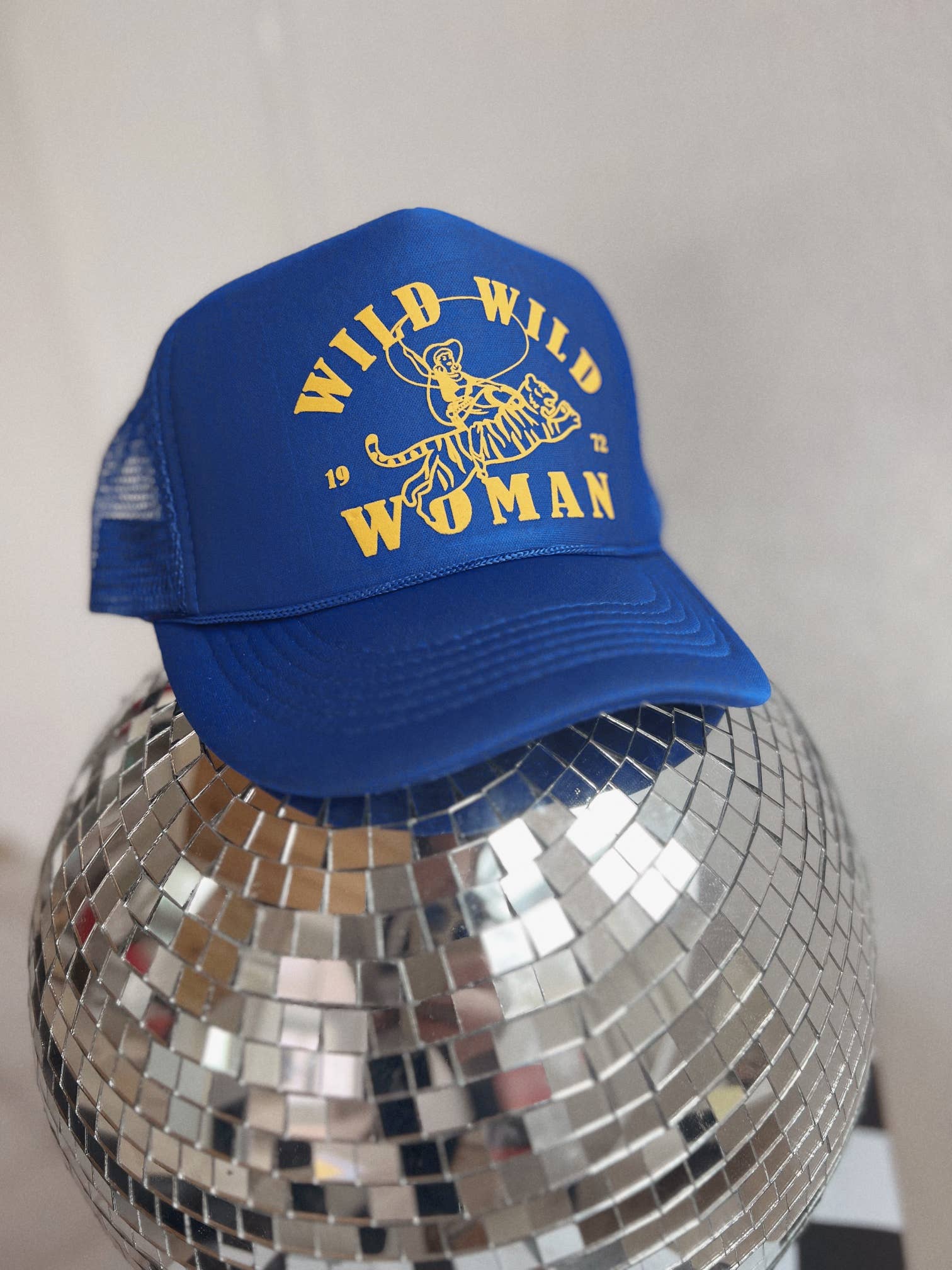 royal blue trucker hat, feminist trucker hat, girl power trucker hat, blue and gold trucker hat, cowgirl trucker hat