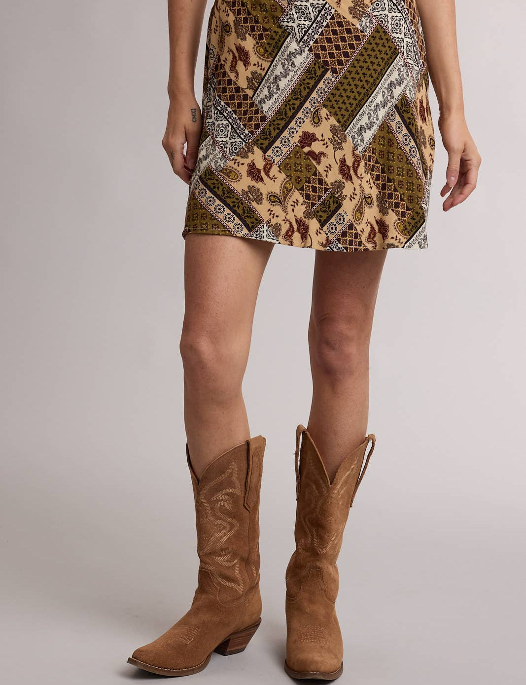 paisley mini skirt, patchwork print skirt, boho mini skirt, western mini skirt, olive green skirt, brown print skirt, fall mini skirt, a-line mini skirt, rayon mini skirt, lined mini skirt, vintage inspired skirt, western boho clothing