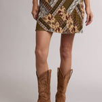 paisley mini skirt, patchwork print skirt, boho mini skirt, western mini skirt, olive green skirt, brown print skirt, fall mini skirt, a-line mini skirt, rayon mini skirt, lined mini skirt, vintage inspired skirt, western boho clothing