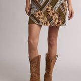 paisley mini skirt, patchwork print skirt, boho mini skirt, western mini skirt, olive green skirt, brown print skirt, fall mini skirt, a-line mini skirt, rayon mini skirt, lined mini skirt, vintage inspired skirt, western boho clothing