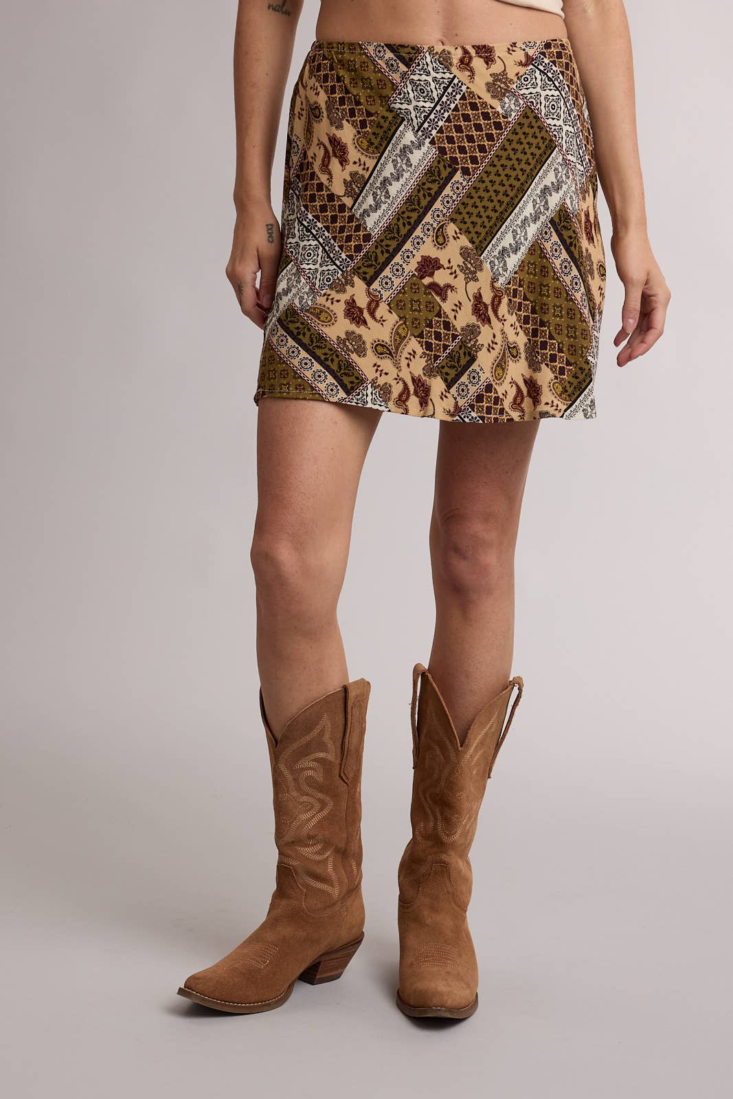 paisley mini skirt, patchwork print skirt, boho mini skirt, western mini skirt, olive green skirt, brown print skirt, fall mini skirt, a-line mini skirt, rayon mini skirt, lined mini skirt, vintage inspired skirt, western boho clothing