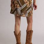 paisley mini skirt, patchwork print skirt, boho mini skirt, western mini skirt, olive green skirt, brown print skirt, fall mini skirt, a-line mini skirt, rayon mini skirt, lined mini skirt, vintage inspired skirt, western boho clothing