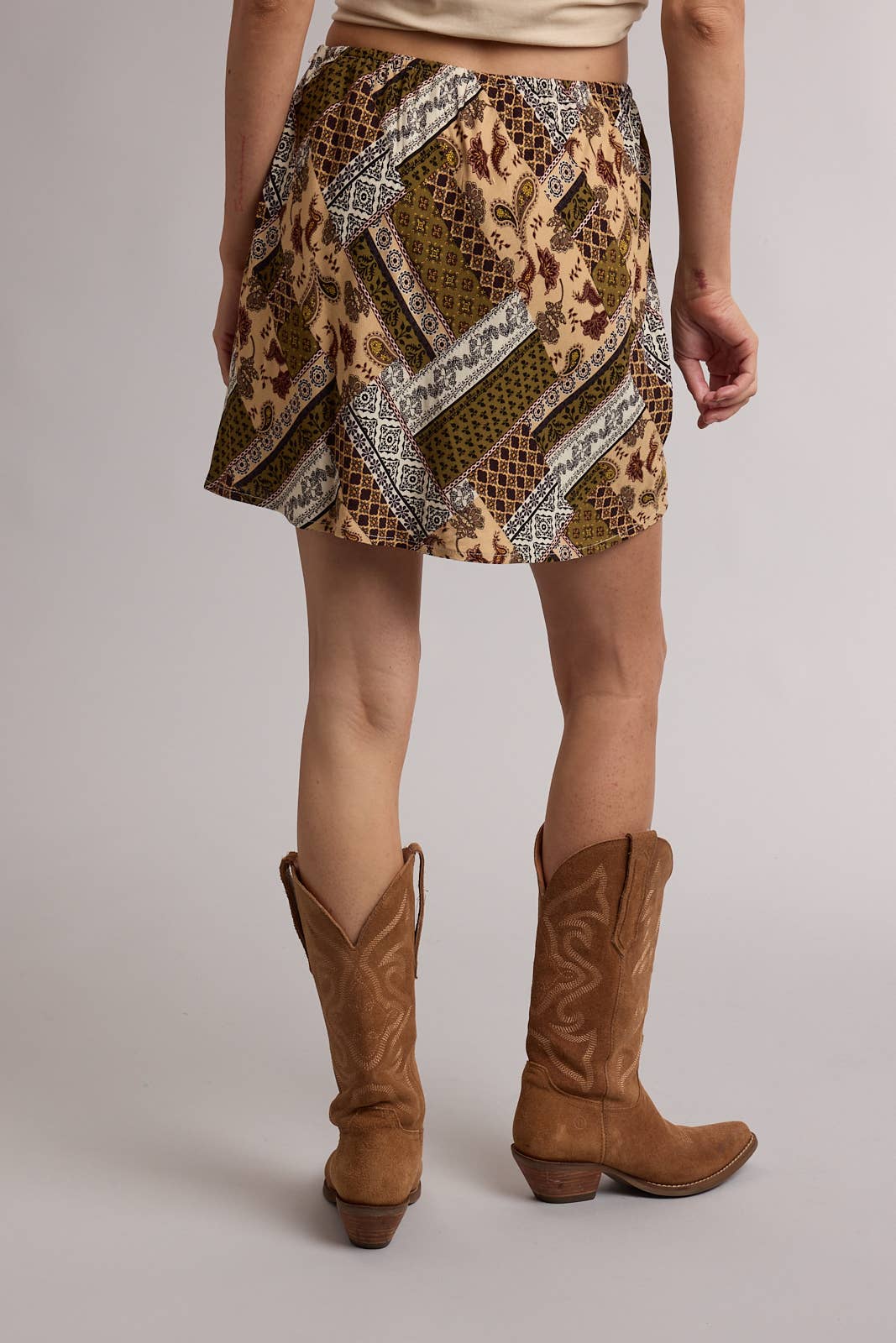 paisley mini skirt, patchwork print skirt, boho mini skirt, western mini skirt, olive green skirt, brown print skirt, fall mini skirt, a-line mini skirt, rayon mini skirt, lined mini skirt, vintage inspired skirt, western boho clothing