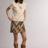 paisley mini skirt, patchwork print skirt, boho mini skirt, western mini skirt, olive green skirt, brown print skirt, fall mini skirt, a-line mini skirt, rayon mini skirt, lined mini skirt, vintage inspired skirt, western boho clothing