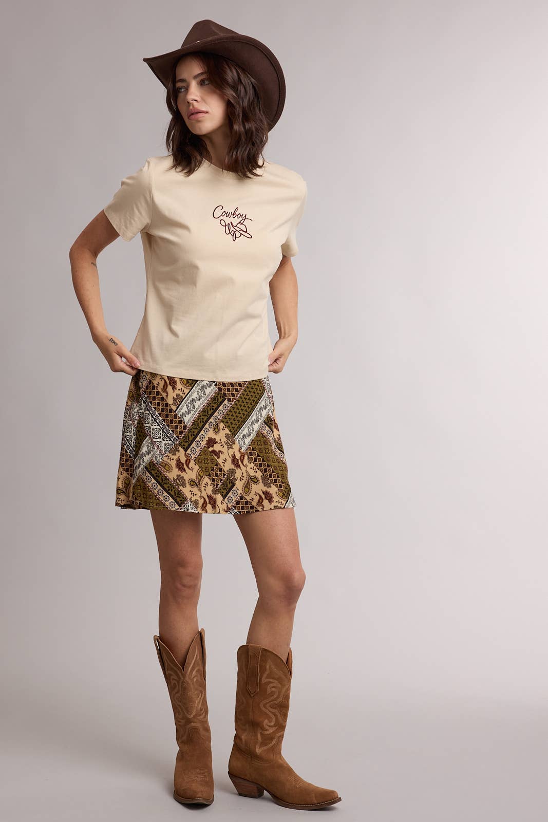 paisley mini skirt, patchwork print skirt, boho mini skirt, western mini skirt, olive green skirt, brown print skirt, fall mini skirt, a-line mini skirt, rayon mini skirt, lined mini skirt, vintage inspired skirt, western boho clothing