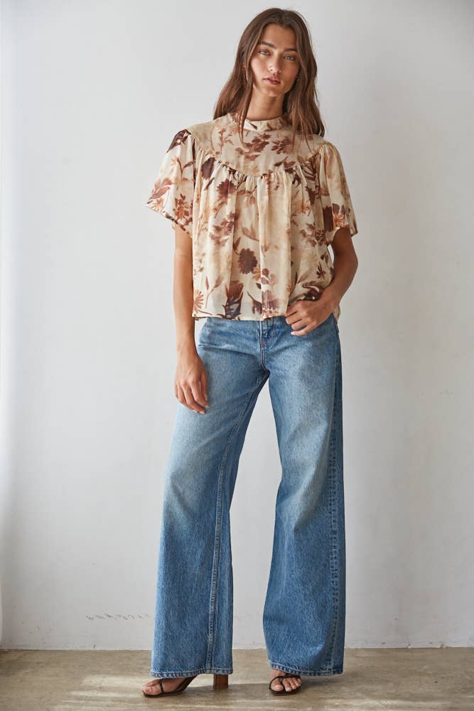 women's cream floral blouse, cream and brown floral top, brown floral blouse women, floral mock neck blouse, fall floral blouse, women's chiffon floral top, short sleeve floral blouse, flutter sleeve floral top, vintage floral blouse, western floral blouse, prairie floral top, boho western blouse, women's fall blouse, neutral floral top, cream fall top women, brown floral fall top, floral top with jeans, western fall outfit women, cowgirl fall outfit, women's western clothing, women's boutique tops